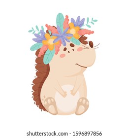 Funny Hedgehog Character Wearing Floral Wreath on His Head Vector Illustration