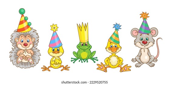 Funny hedgehog, chick, frog, duck and mouse are sitting in colorful carnival hats. In cartoon style. Isolated on white background. Vector illustration