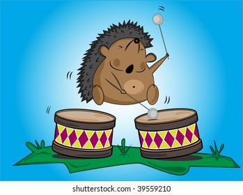 Funny hedgehog  and drums on the glade