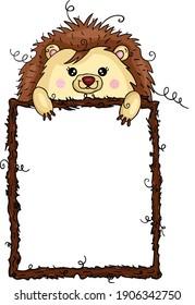 Funny hedgehog with empty wooden frame