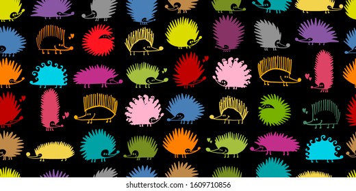 Funny hedgehog family, seamless pattern background. Vector illustration