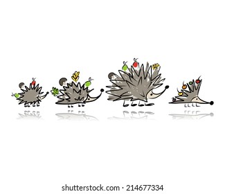 Funny hedgehog family, sketch for your design