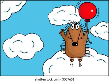 Funny hedgehog flying in the sky by balloon. Vector.