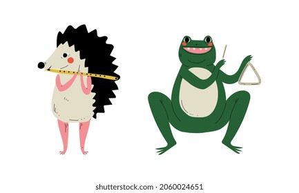 Funny Hedgehog and Frog Character Playing Triangle and Flute Performing Concert Vector Set