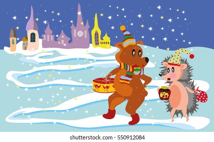 Funny hedgehog in hat with cherry jam jar and little bear in hat, scarf with present box going in the snowing night along the street in the fairy tale city
