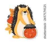 Funny hedgehog holding strawberry jam jar flat style children’s illustration for thanksgiving forest themed cards posters and cute seasonal designs