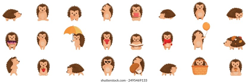 Funny hedgehog icons set. Set of cute cartoon hedgehog character doing different activities like reading book, holding umbrella, carrying basket and having fun