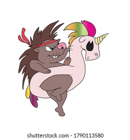 Funny hedgehog in an inflatable circle of a unicorn.Vector children's design for greeting cards banners.Sticker