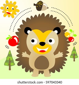 Funny hedgehog juggling fruits, pine trees with smiling sun, vector cartoon illustration