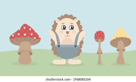 Funny hedgehog with mushrooms in the forest. Vector illustration of cute woodland animal.