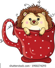Funny hedgehog peeking out of a red cup