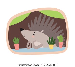Funny Hedgehog Peeped Out From Tree Hollow Vector Illustration