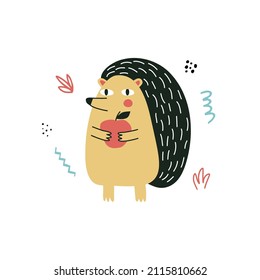 Funny Hedgehog poster with abstract shapes in hand drawn style. Perfect for t-shirt, apparel, cards, poster, nursery decoration. Isolated on white background vector