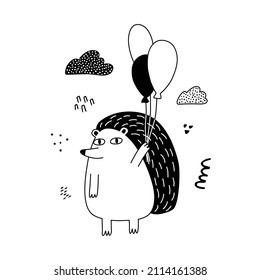 Afiche gracioso de Hedgehog con globos de estilo dibujado a mano. Dibujo manual de contorno. Perfecto para camisetas, ropa, tarjetas, afiches, decoración de guardería. Aislado sobre blanco