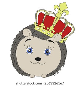 Funny hedgehog in royal crown isolated transparent background. Cute hedgehog in crown template design. Vector animal clipart. EPS 10	