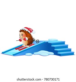Funny hedgehog skiing on ice slides isolated on white background. Sample of poster, party holiday invitation, festive banner, card. Vector cartoon close-up illustration.