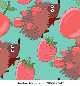 funny hedgehogs among fruits and berries, seamless pattern