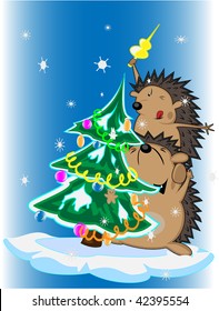 funny hedgehogs and decorated Christmas tree