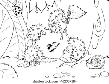 Funny hedgehogs found in the earth apple from which peeps evil worm. Ladybug crawling on leaf of a flower. Snail in a panama from the sun. Children's illustration. Sketch. Coloring book. Vector.
