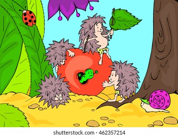 Funny hedgehogs found on the ground red apple from which peeps evil worm. Ladybug crawling on leaf of a flower. Snail with a beautiful shell in panama from the sun. Children's illustration. Vector.