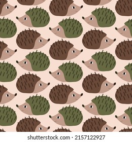 Funny hedgehogs hand drawn vector illustration. Cute forest animal in flat style seamless pattern.