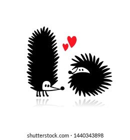Funny hedgehogs in love, black silhouette for your design