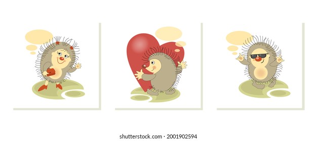 Funny hedgehogs. Set. Sticker, badge, sticky label with quote. Lovely happy funny character for telephone correspondence, messages. Vector illustration. 