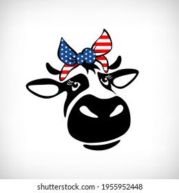 Funny Heifer with patriotic bandana. Cute cow with american flag texture kerchief for humor patriotic card, t shirt design, hand drawn print to celebrate 4th of July, Independence Day.