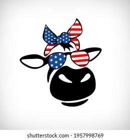 Funny Heifer with patriotic bandana and trendy american flag texture sunglasses. Cute cow with kerchief  for humor patriotic card, t shirt design, hand drawn print to celebrate 4th of July.