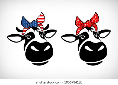 Funny Heifer set with patriotic bandana and trendy red kerchief. Cute cow design for humor patriotic card, t shirt print, mug, digital scrapbooking, album to celebrate 4th of July.