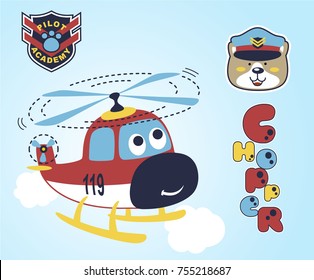 Funny helicopter cartoon with bear the pilot