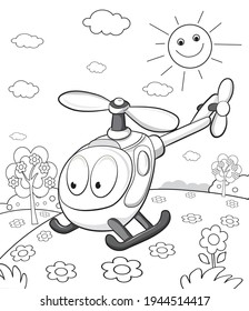 Funny helicopter in the meadow coloring book 