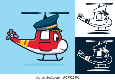 Funny helicopter wearing pilot hat. Vector cartoon illustration in flat icon style