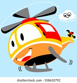 Funny helicopters flying in the sky with cloud, vector cartoon illustration
