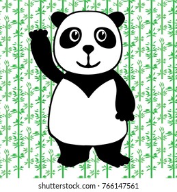 Funny hello panda on the bright bamboo background.