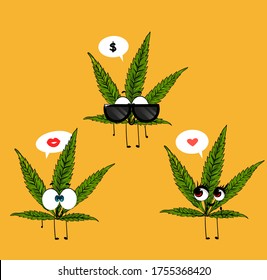 Diseño divertido de caracteres de cáñamo con discurso de burbuja. Cannabis con diferentes emociones combinadas en una historia cómica. 