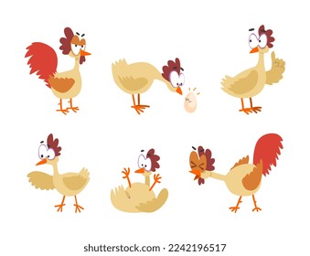 Funny Hen with Big Eyes as Feathered Domestic Bird in Various Pose Vector Set