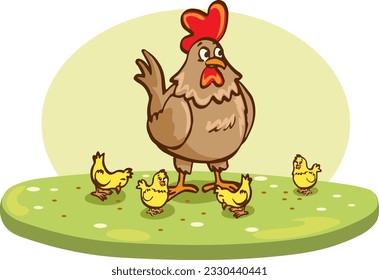 funny hen cartoon with her baby chicken, mother hen