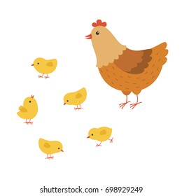 funny hen cartoon with her baby chicken, mother hen