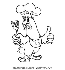 Funny hen chef cartoon characters vector illustration. For kids coloring book.