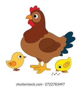 Funny hen with chicks on white background