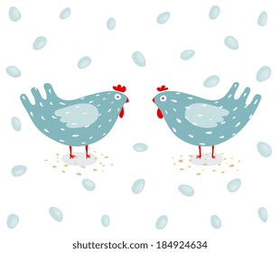 Funny Hen and Eggs. Two hen birds standing drawing. Vector EPS8.