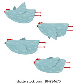 Funny Hen Flying Collection. Hen birds flight in different poses set drawing. Vector EPS8.