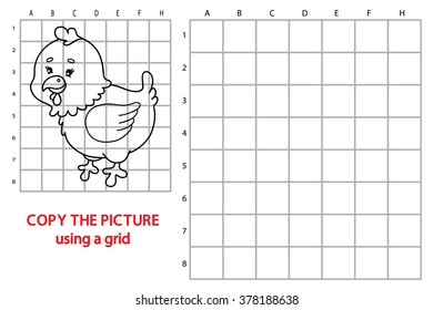 funny hen game. Vector illustration of grid copy puzzle with happy cartoon hen for children