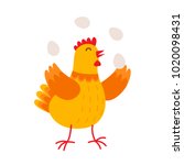 Funny hen is juggling by eggs vector flat illustration isolated on white background. Cute orange hen cartoon character.