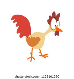 Funny hen looking at something, comic cartoon chicken bird character with big eyes vector Illustration on a white background