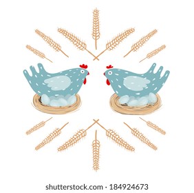 Funny Hen in Nest and Eggs. Two hen birds nesting drawing. Vector EPS8.