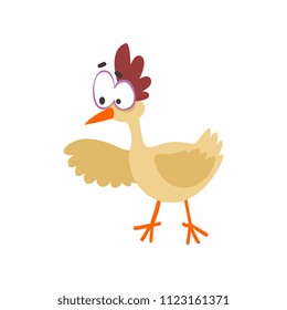 Funny hen pointing to something, comic cartoon chicken bird character with big eyes vector Illustration on a white background
