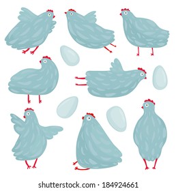 Funny Hen Poses and Eggs Collection. Hen birds in different poses set drawing. Vector EPS8.