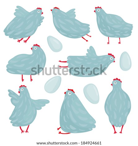 Funny Hen Poses and Eggs Collection. Hen birds in different poses set drawing. Vector EPS8.